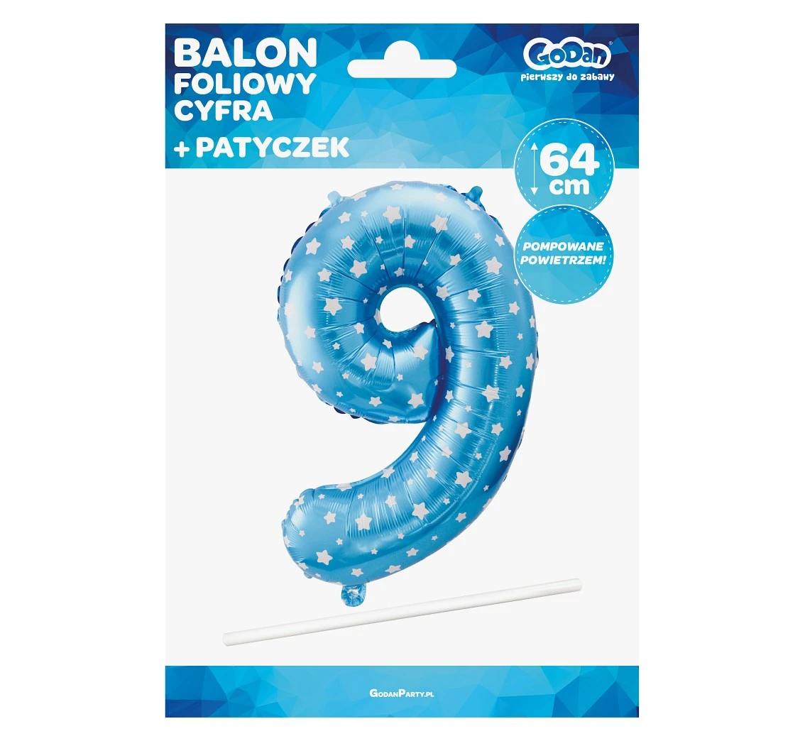 Balon foliowy "Cyfra 9", niebieska w gwiazdy, 61 cm KK