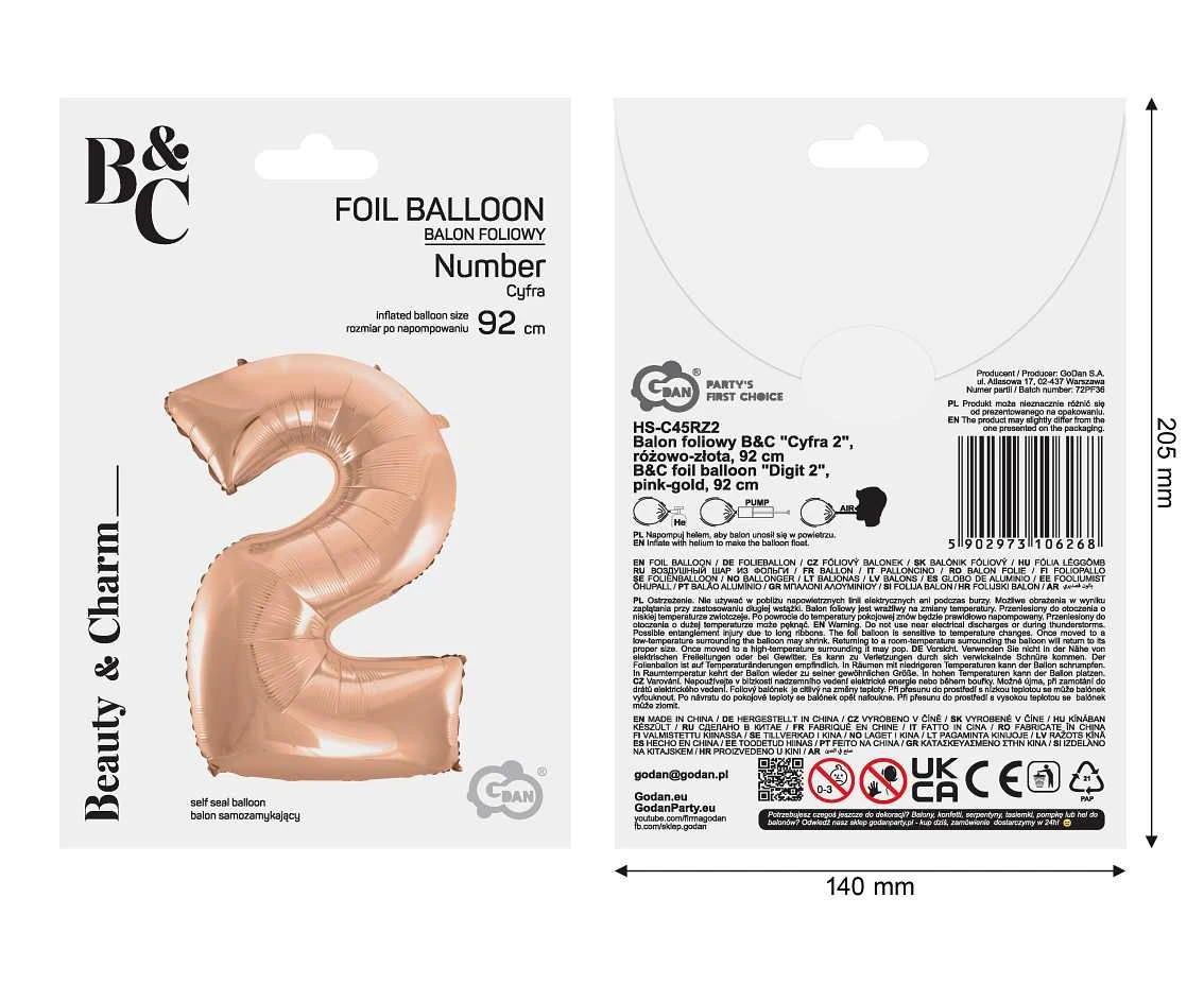 Balon foliowy B&C "Cyfra 2", różowo-złota, 92 cm KK