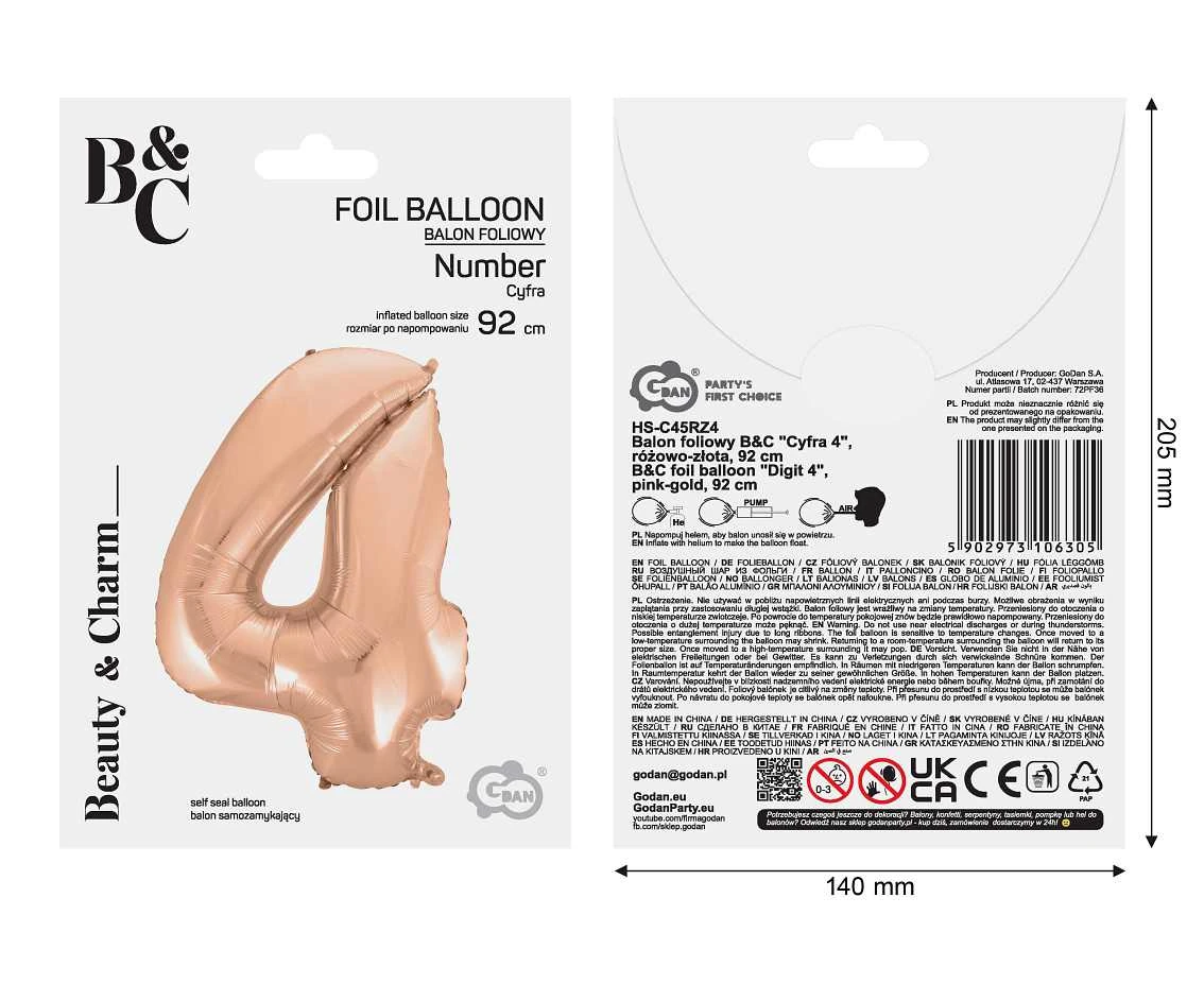 Balon foliowy B&C "Cyfra 4", różowo-złota, 92 cm KK