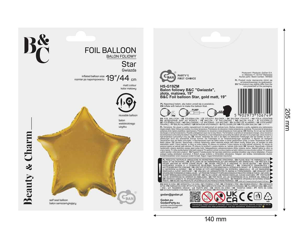 Balon foliowy B&C "Gwiazda", złota, matowa, 19"