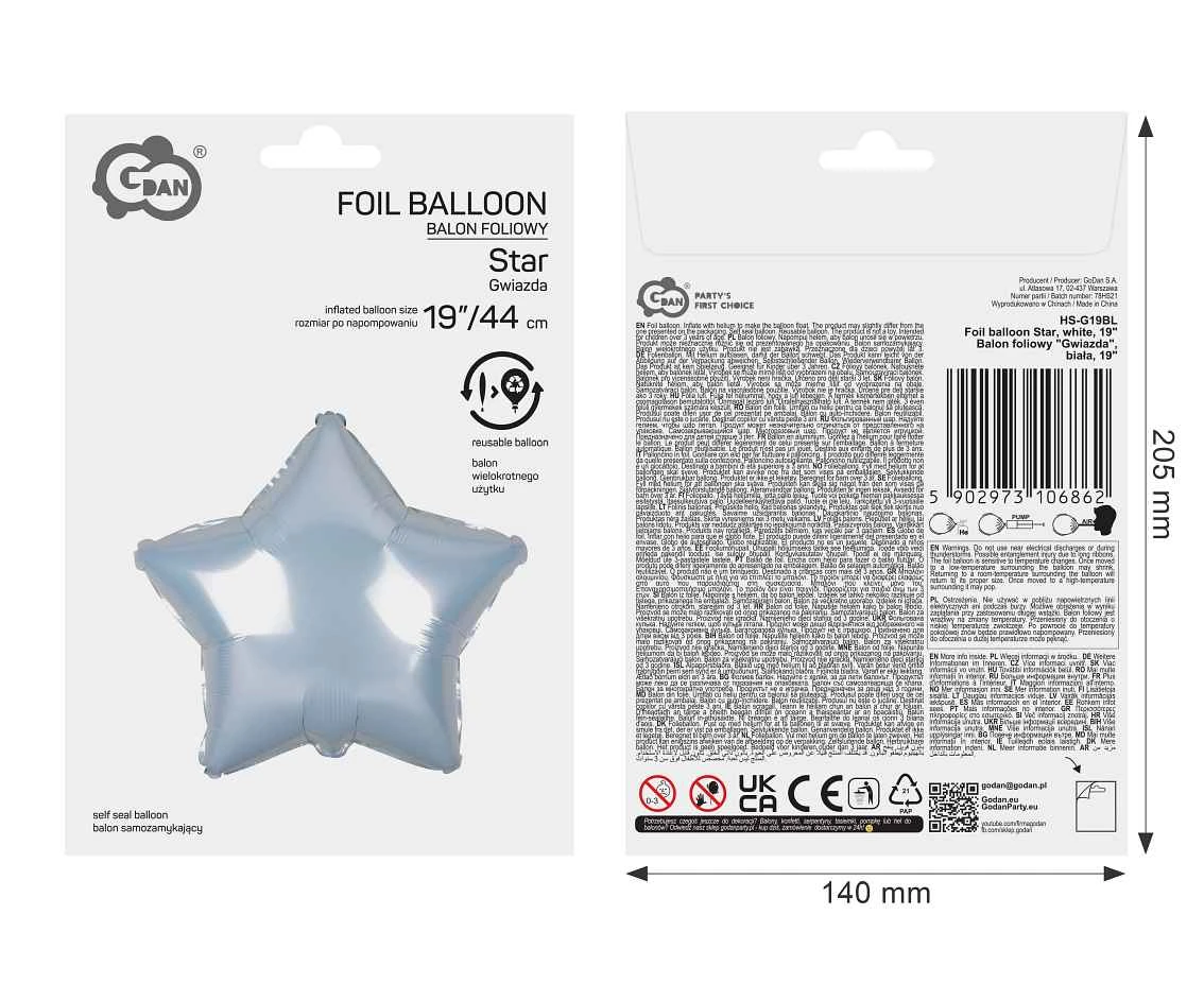 Balon foliowy Gwiazda, biała, 19 cali