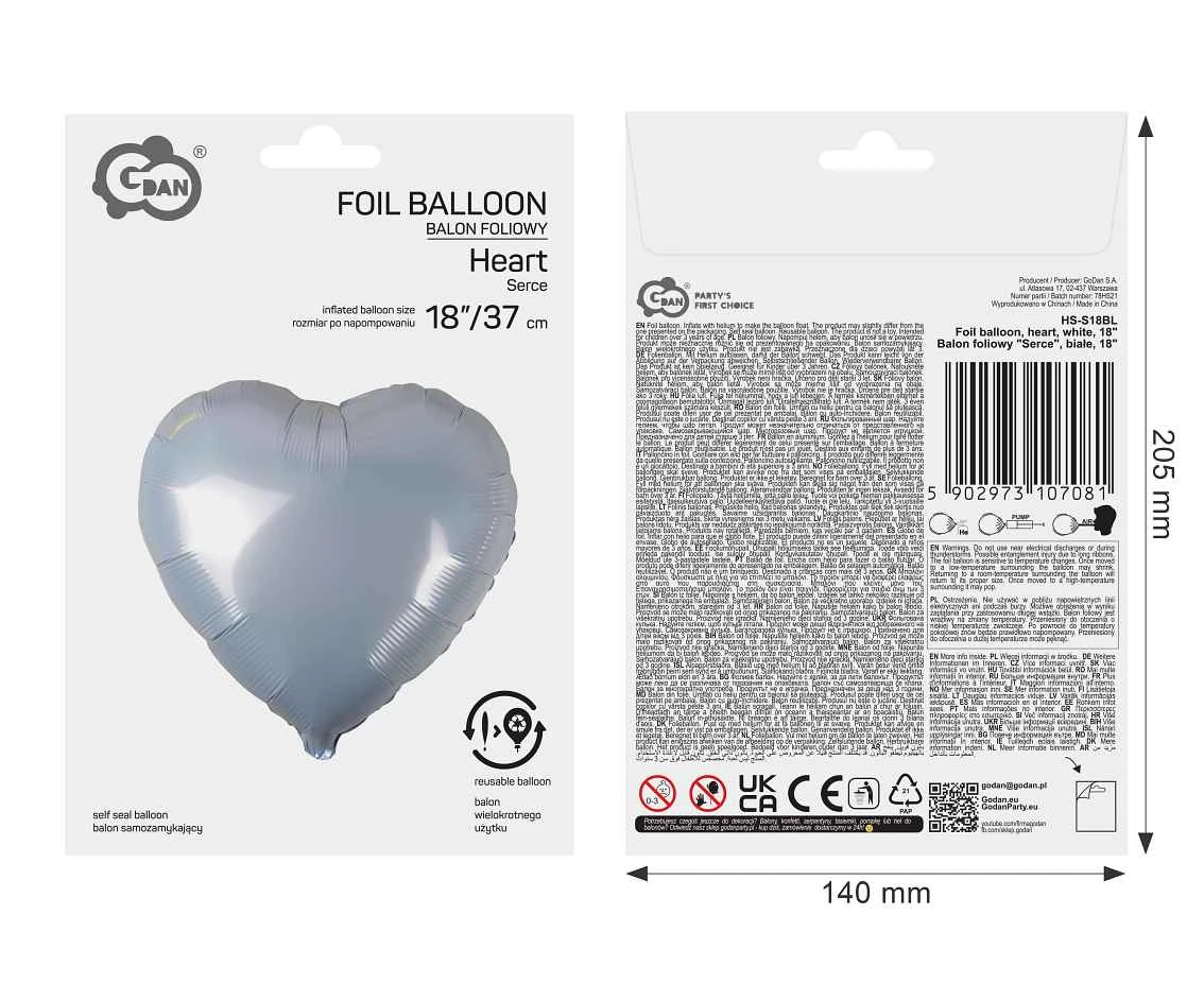 Balon foliowy "Serce", białe, 18" AA