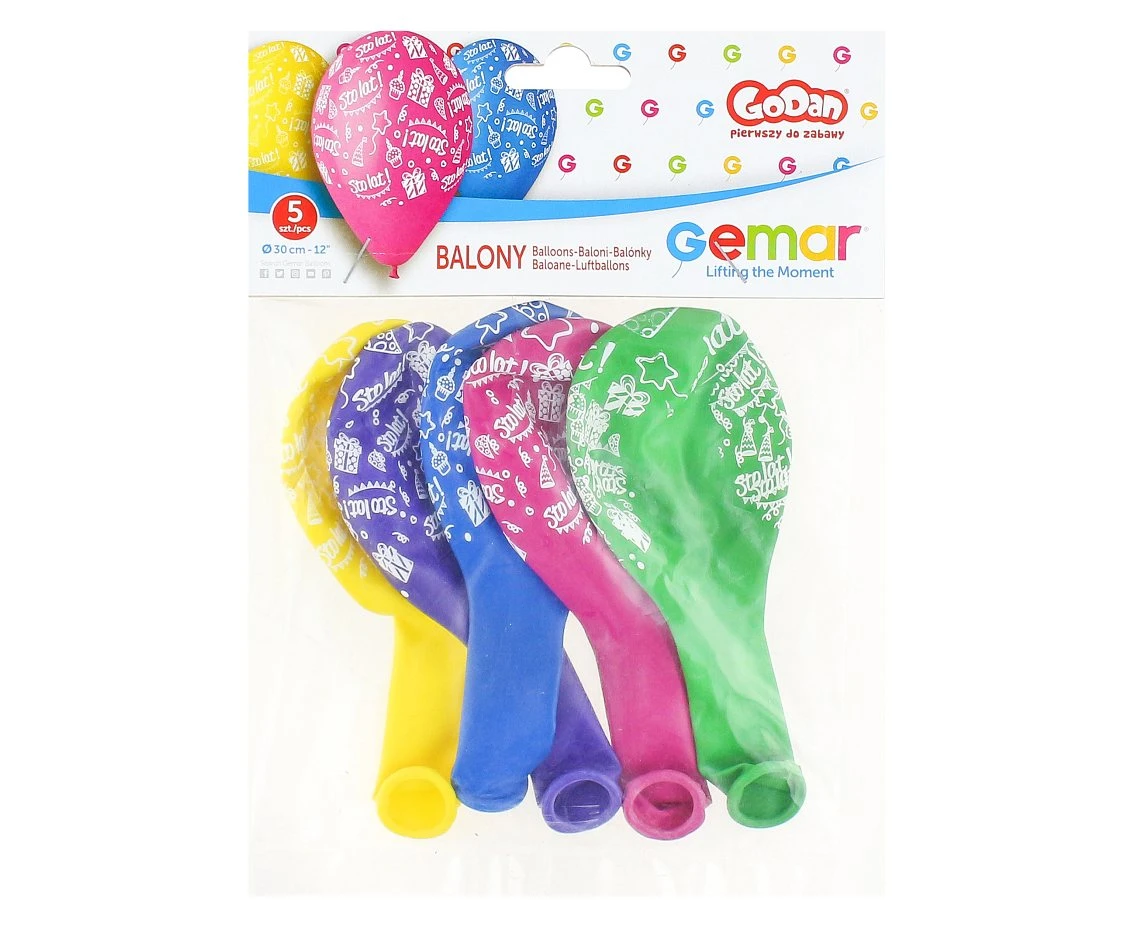 Balony Gemar 12", pastel premium "sto lat", kolorowe, 5szt.