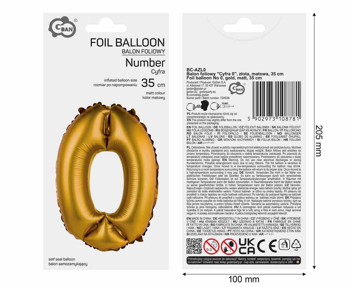Balon foliowy "Cyfra 0", złota, matowa, 35 cm KK