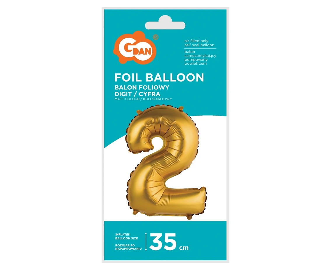 Balon foliowy "Cyfra 2", złota, matowa, 35 cm KK