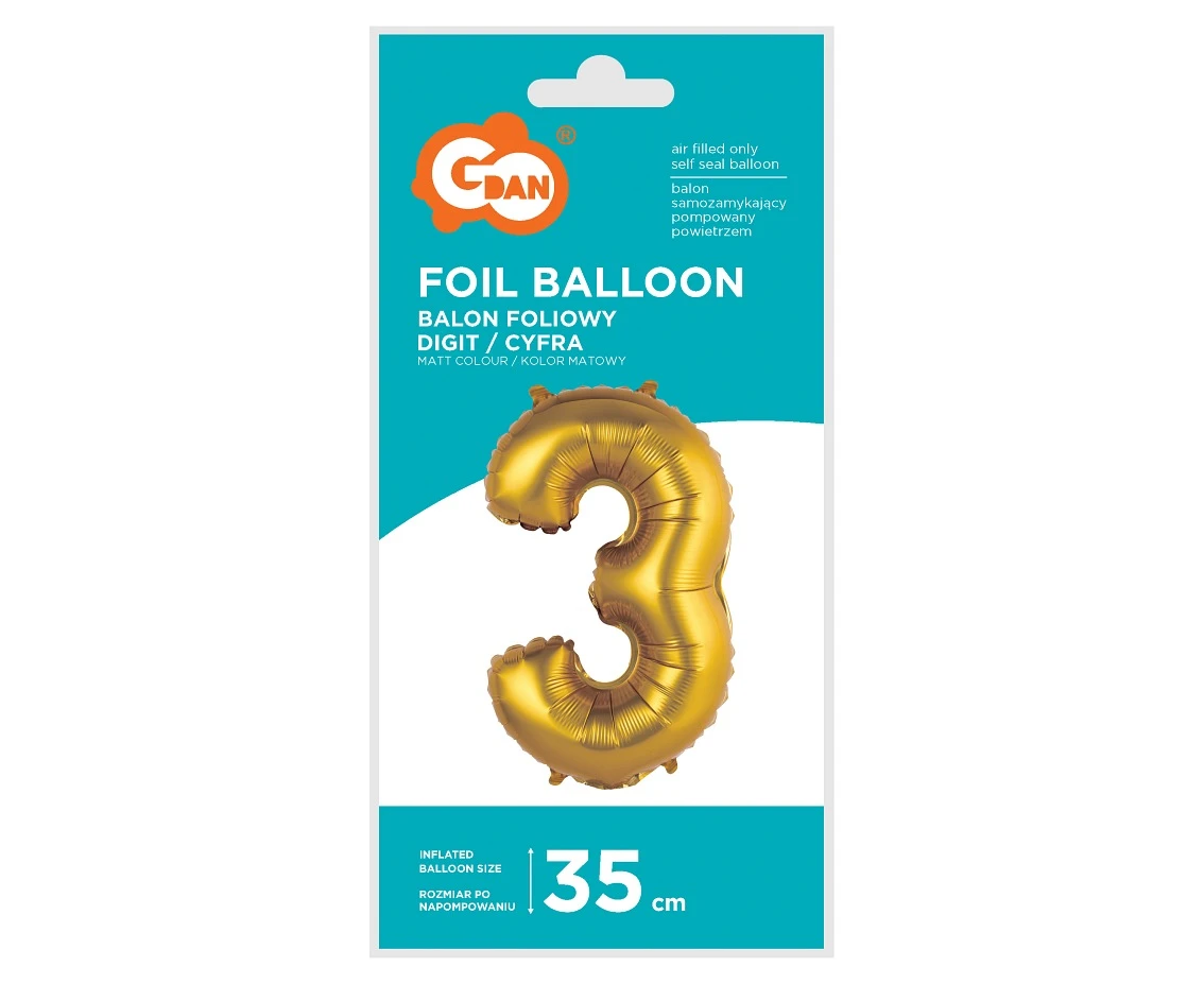 Balon foliowy "Cyfra 3", złota, matowa, 35 cm KK