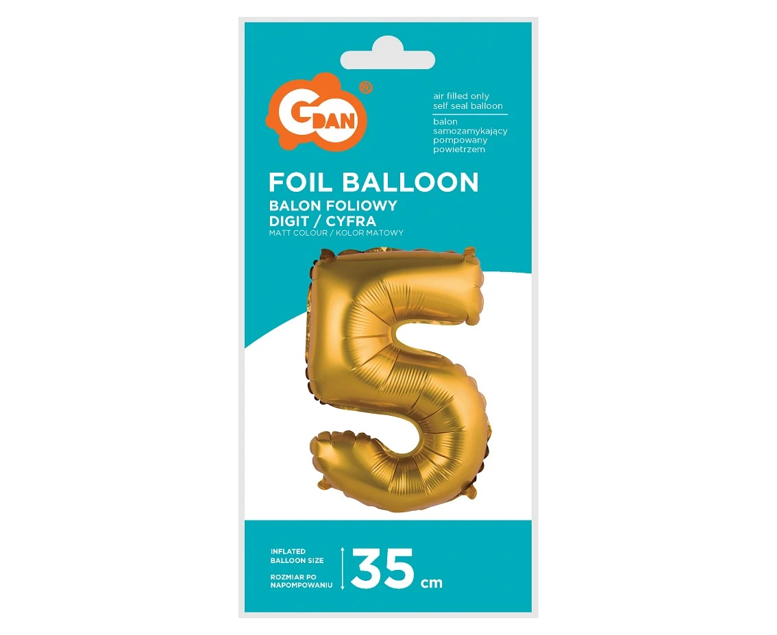 Balon foliowy "Cyfra 5", złota, matowa, 35 cm KK