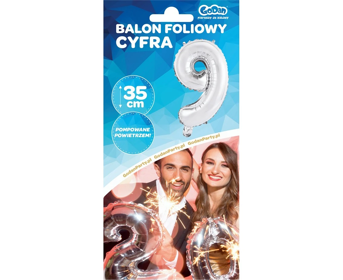 Balon foliowy "Cyfra 9", srebrna, 35 cm KK