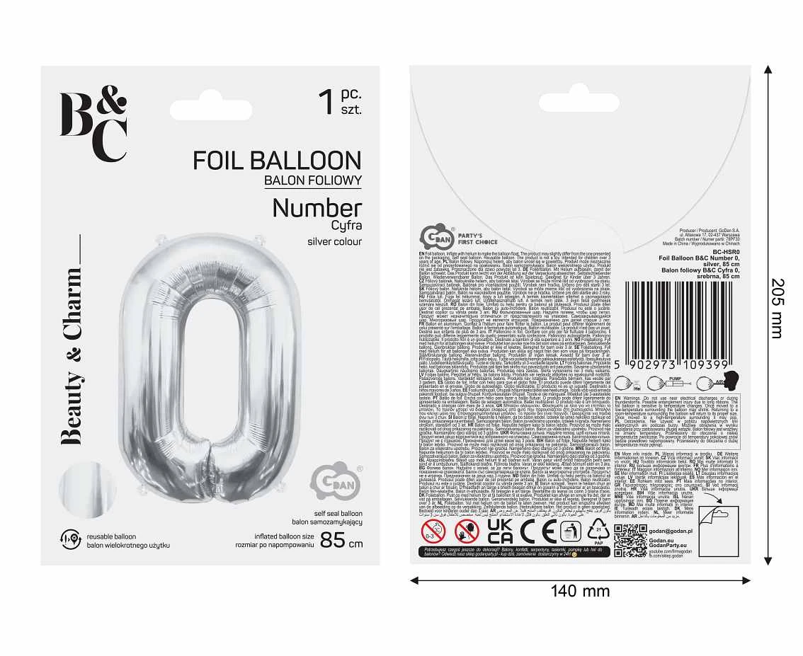Balon foliowy B&C Cyfra 0, srebrna, 85 cm