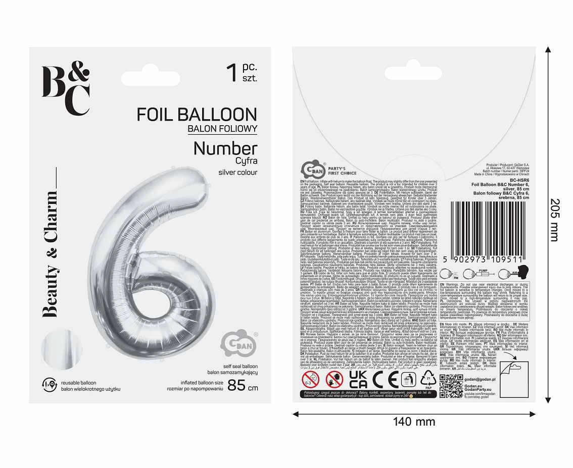 Balon foliowy B&C Cyfra 6, srebrna, 85 cm