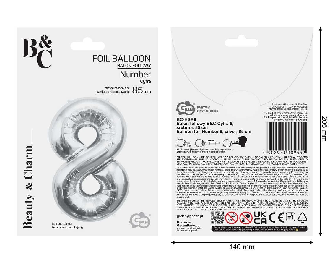 Balon foliowy B&C Cyfra 8, srebrna, 85 cm