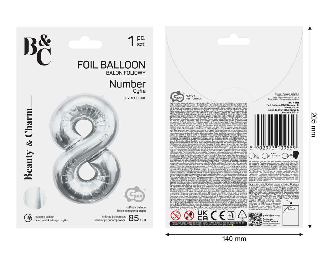 Balon foliowy B&C Cyfra 8, srebrna, 85 cm