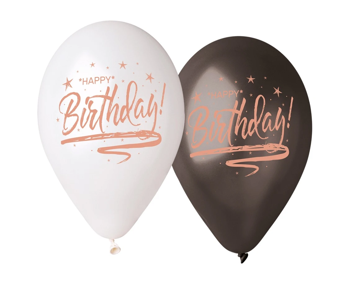 Balony Gemar 13", premium hel happy birthday, białe i czarne, metalik, 5szt.