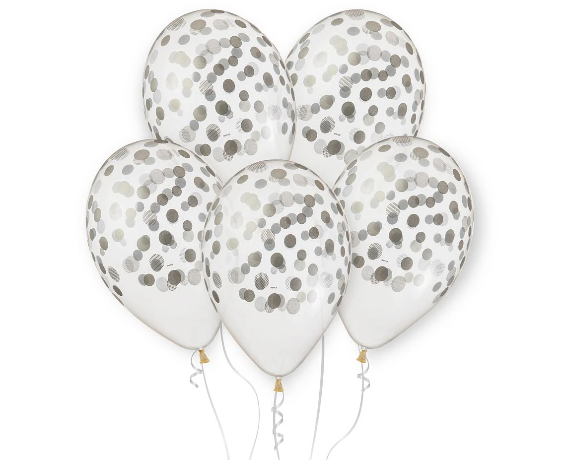 Balony Gemar 13", pastel premium hel "konfetti srebrne", transparentne, 5szt.