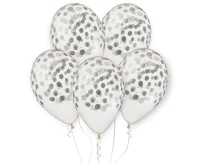 Balony Gemar 13", pastel premium hel "konfetti srebrne", transparentne, 5szt.