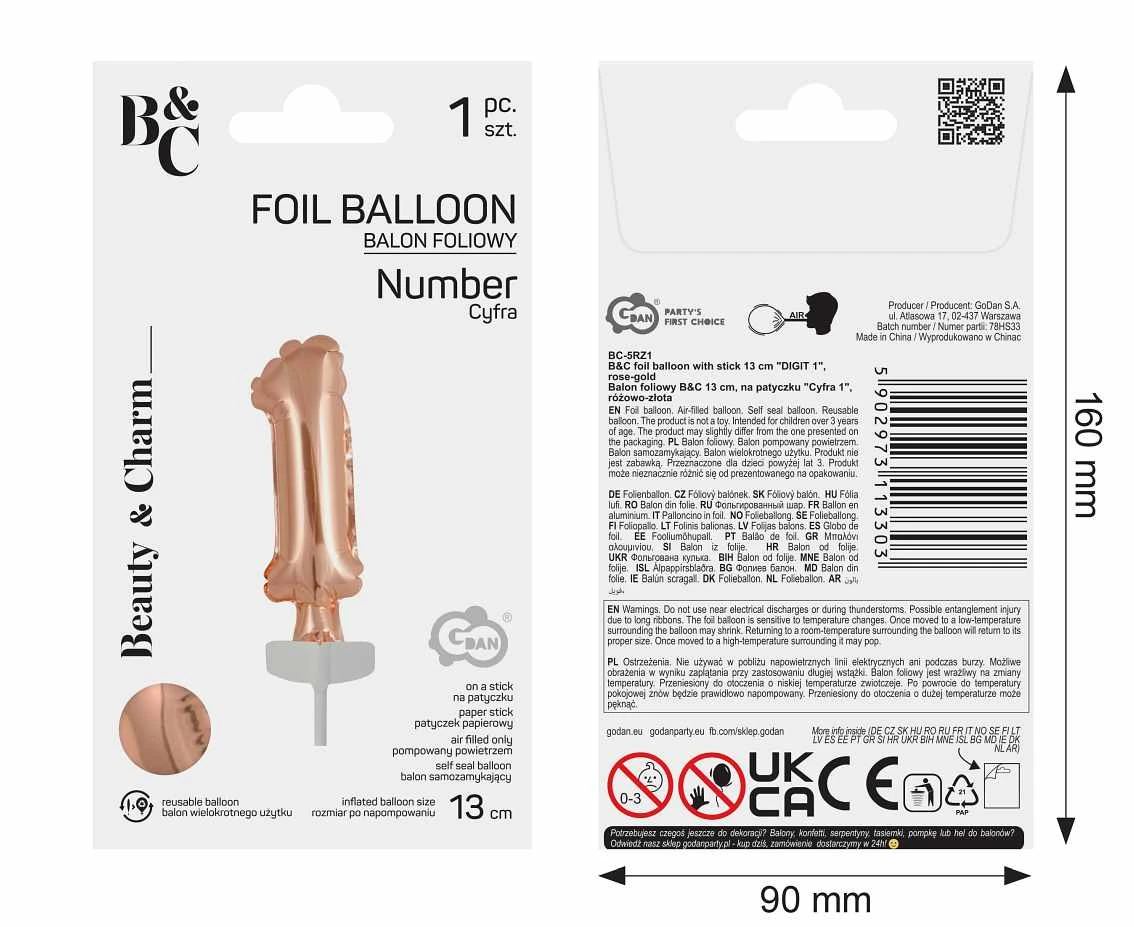 Balon foliowy B&C 13 cm na patyczku "Cyfra 1", różowo-złota