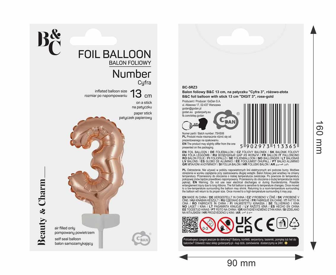 Balon foliowy B&C 13 cm na patyczku "Cyfra 3", różowo-złota