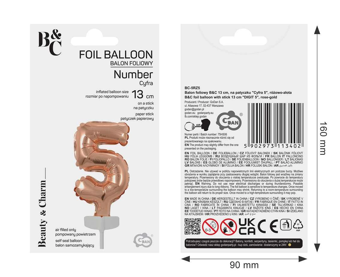 Balon foliowy B&C 13 cm na patyczku "Cyfra 5", różowo-złota