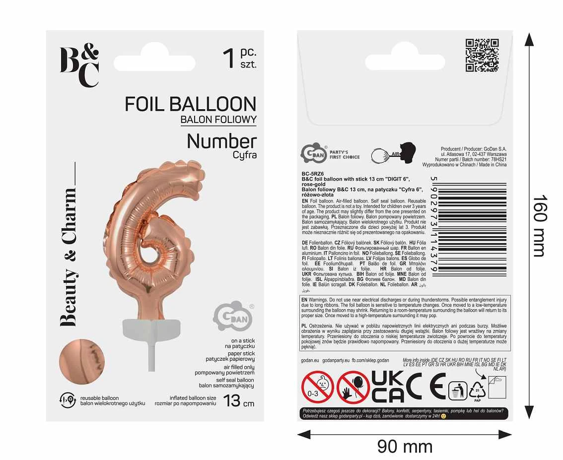 Balon foliowy B&C 13 cm na patyczku "Cyfra 6", różowo-złota