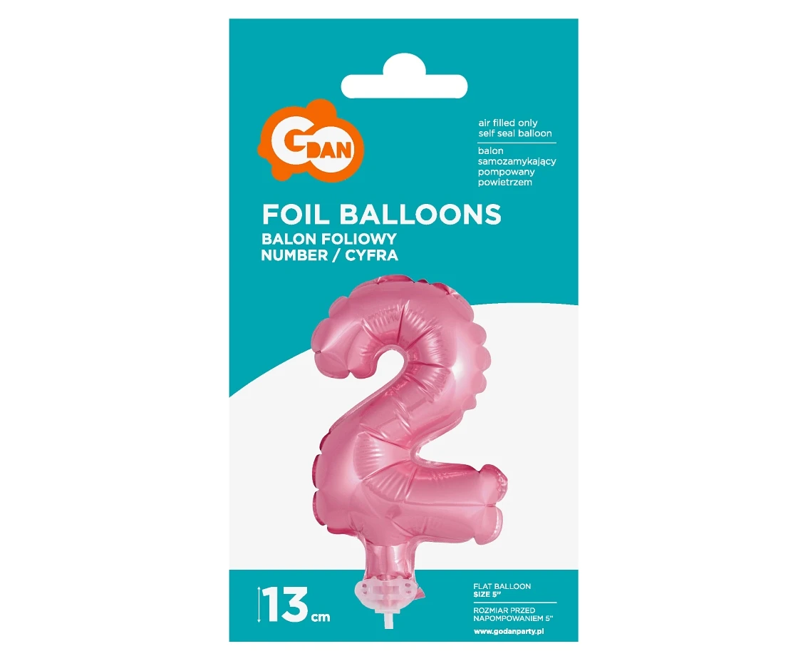 Balon foliowy 13 cm na patyczku "Cyfra 2", różowa KK
