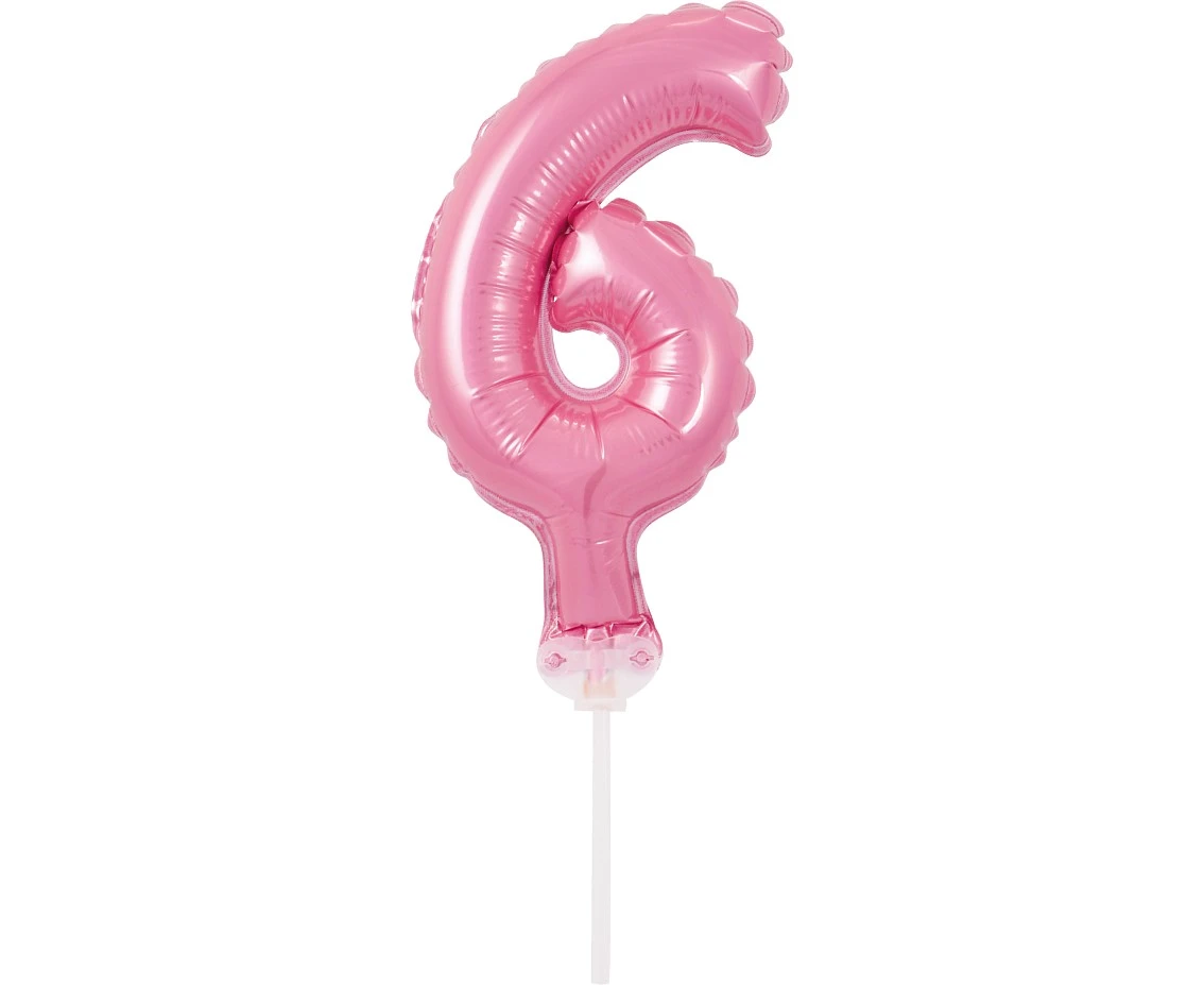 Balon foliowy 13 cm na patyczku "Cyfra 6", różowa KK