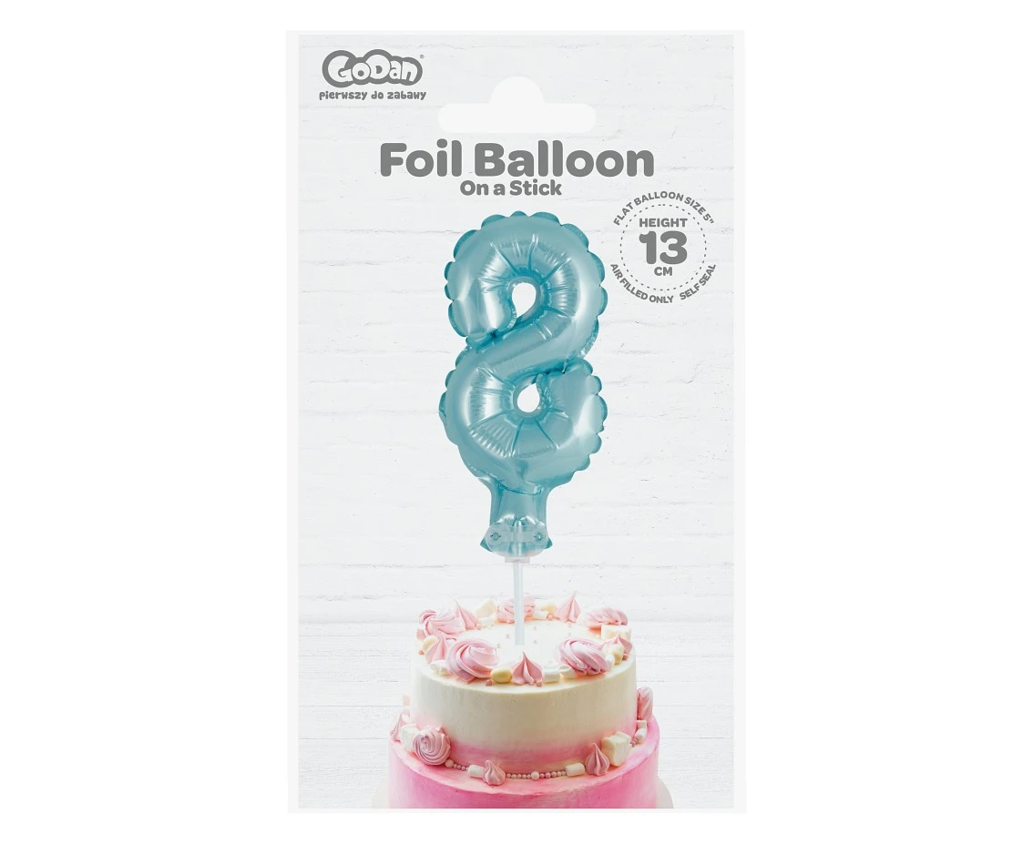 Balon foliowy 13 cm na patyczku "Cyfra 8", błękitna KK
