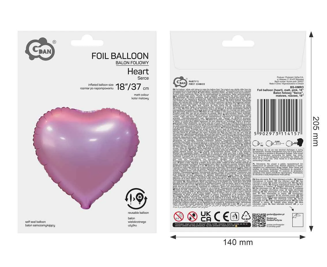 Balon foliowy "Serce", matowe, różowe, 18"