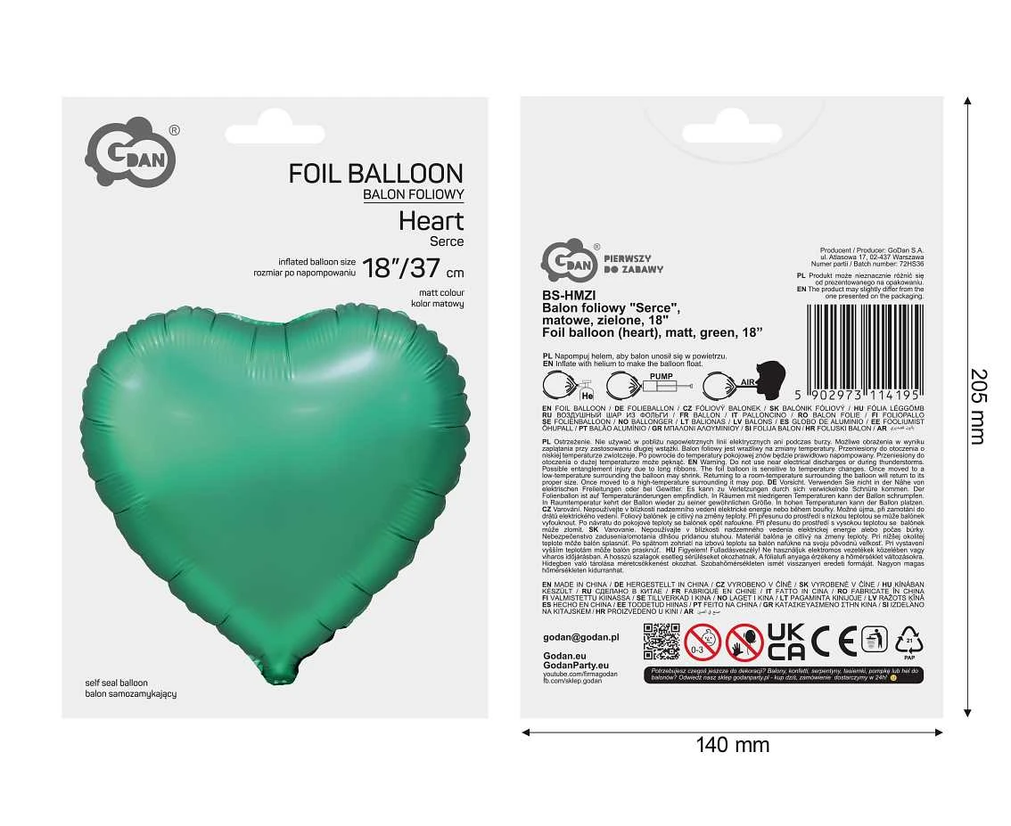 Balon foliowy 18" "Serce", matowe, zielone, KK