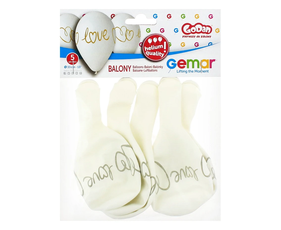 Balony Gemar 13", pastel premium hel love, białe, 5szt.