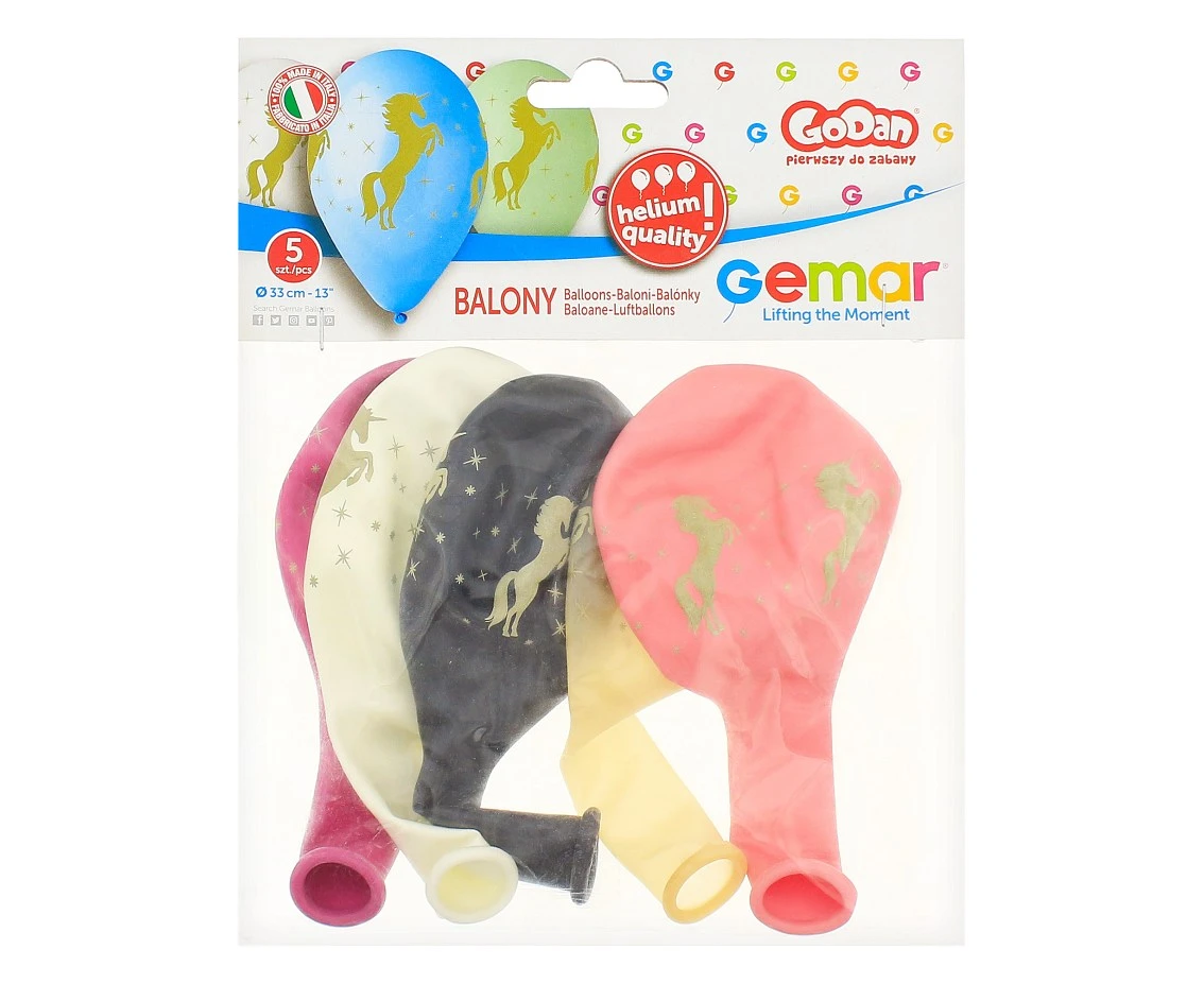 Balony Gemar 13", pastel premium hel złoty jednorożec, 5szt. KK