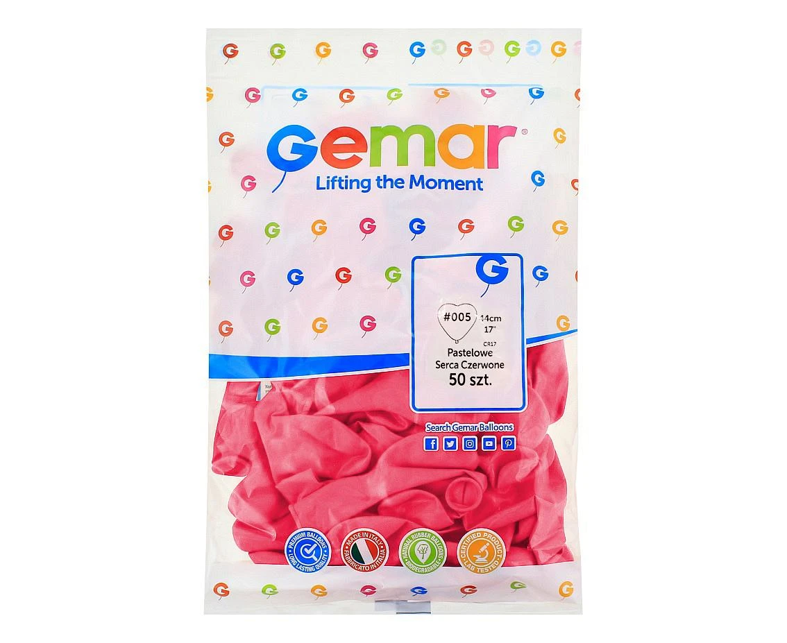 Balony Gemar 17", CR pastel serca duże czerwone, 50szt.