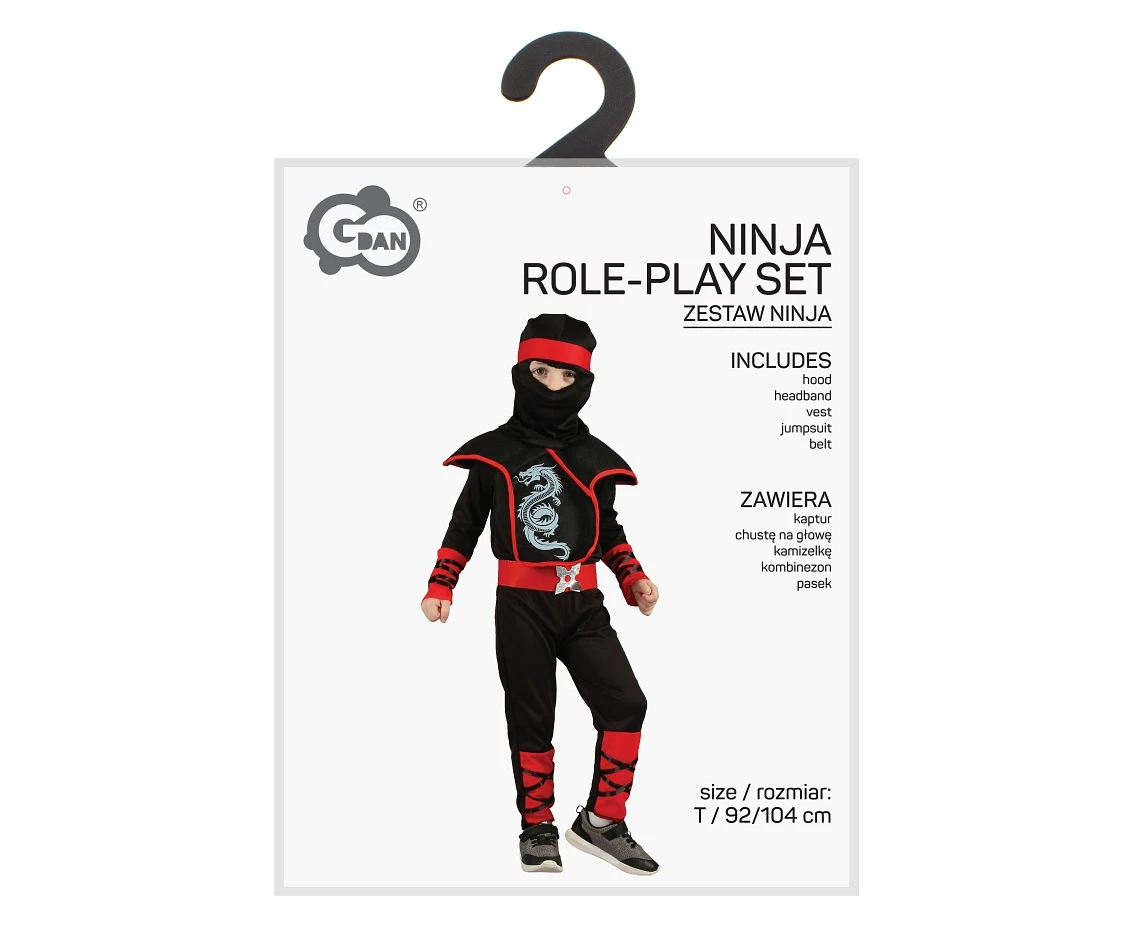 Zestaw dla dzieci Ninja (kaptur, chusta na głowę, kamizelka, kombinezon, pasek), rozm. 92/104 cm