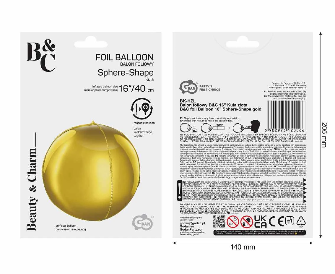 Balon foliowy B&C 16 cali Kula złota