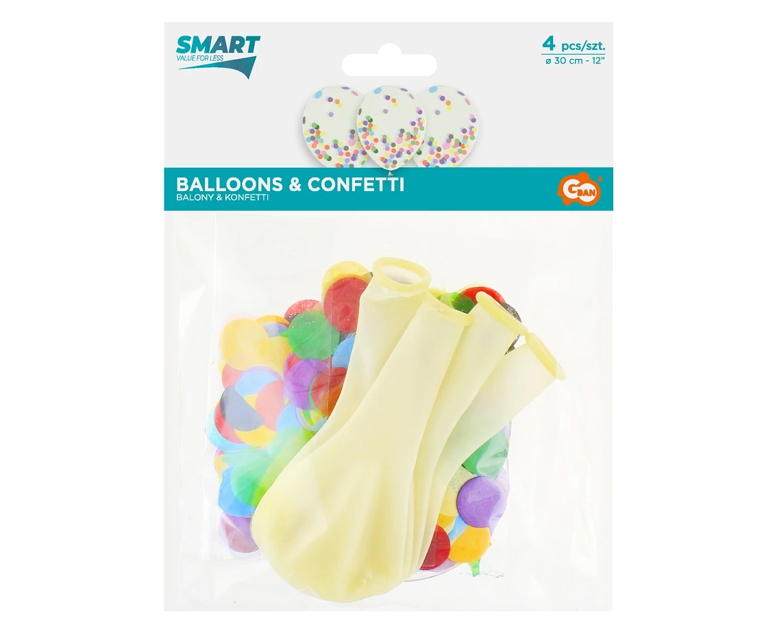 Balony Helium Formula, transparentne, kolorowe konfetti, 12 cali, 4 szt. KK