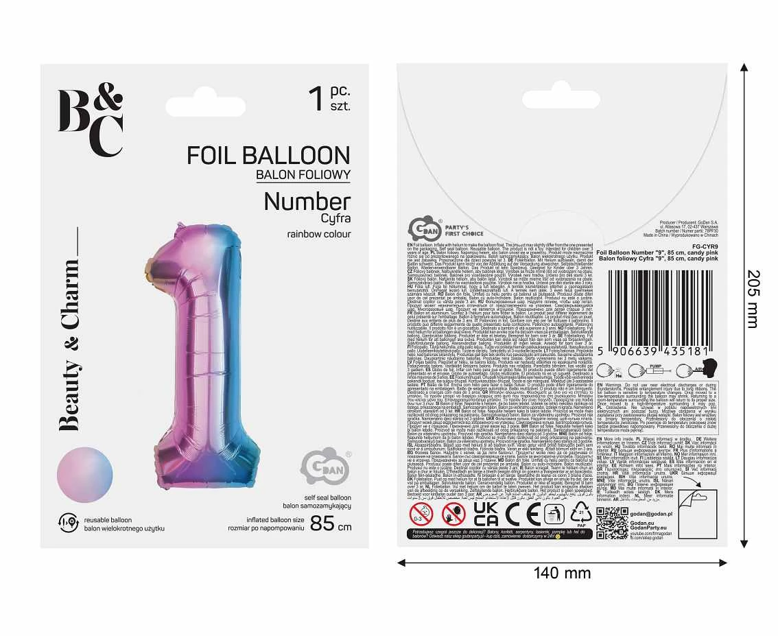 Balon foliowy B&C Cyfra 1, tęczowa, 85 cm AA