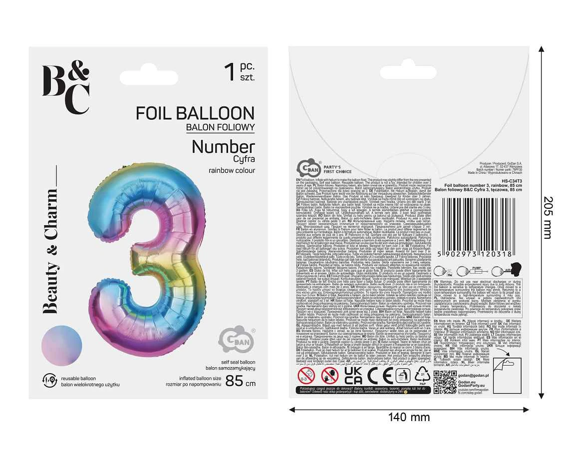 Balon foliowy B&C Cyfra 3, tęczowa, 85 cm AA