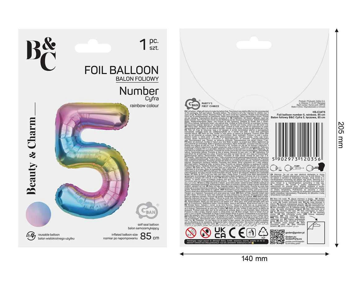 Balon foliowy B&C Cyfra 5, tęczowa, 85 cm  AA