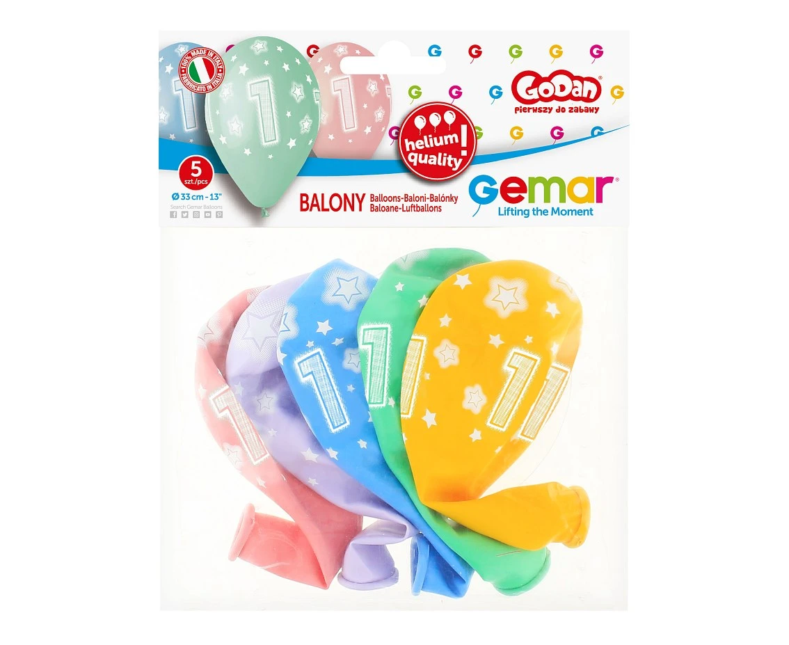 Balony Gemar 13", pastel premium hel 1. urodziny, 5szt.