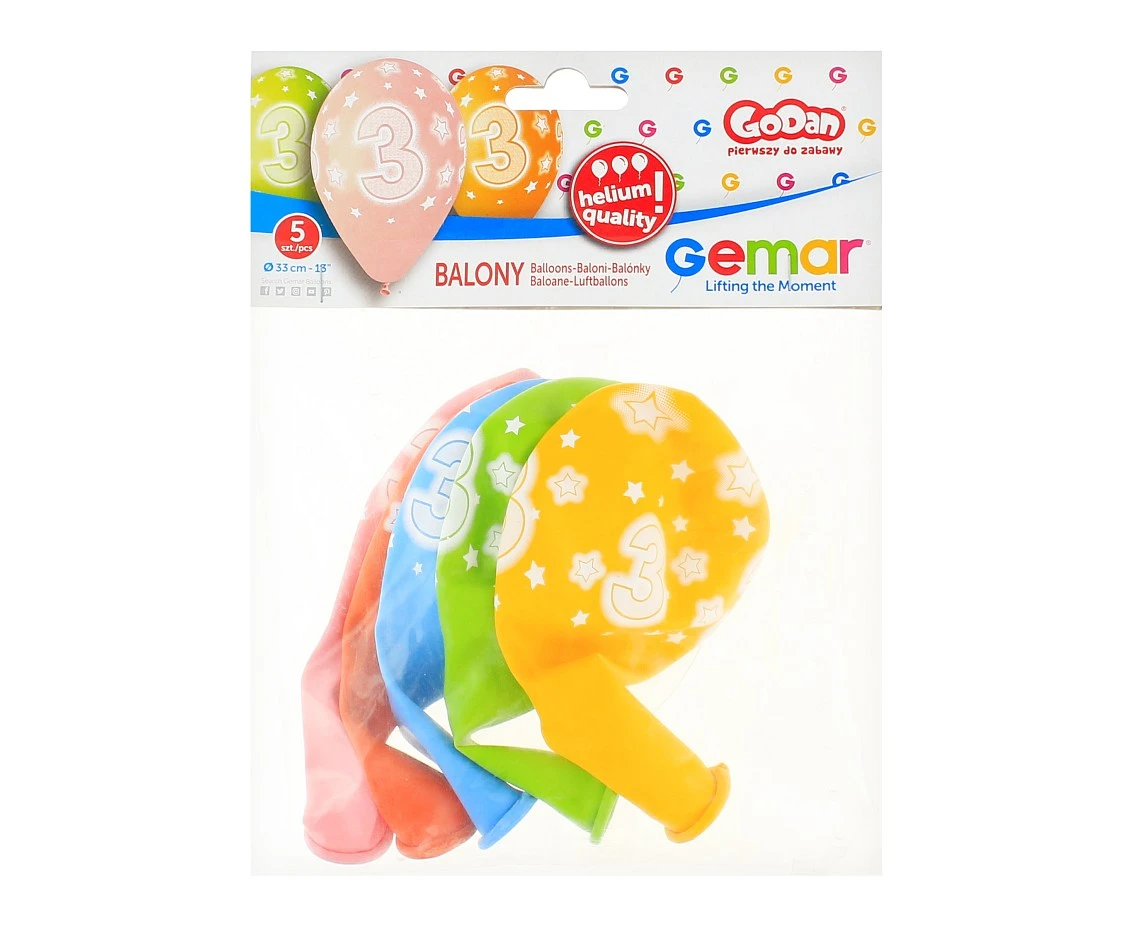 Balony Gemar 13", pastel premium hel 3. urodziny 5szt.