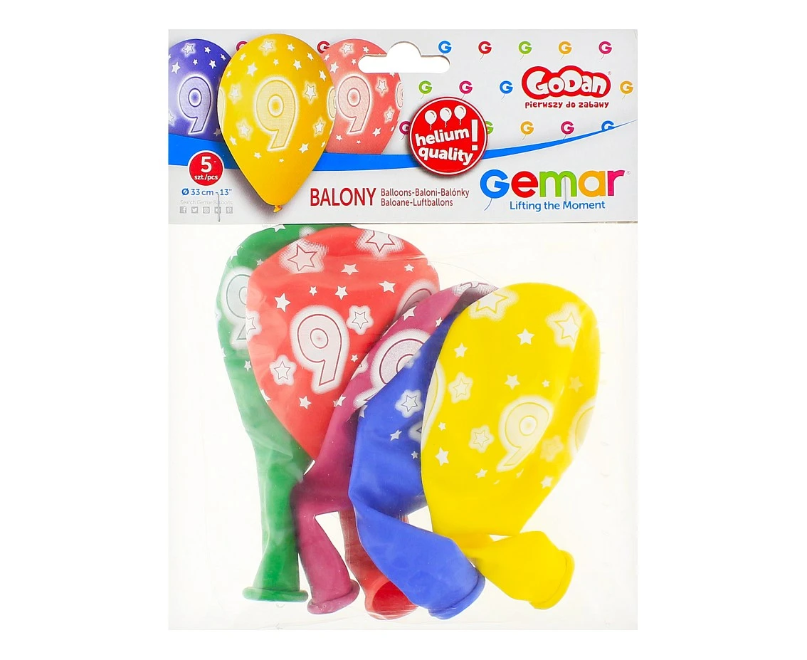 Balony Gemar 13", pastel premium hel 9. urodziny 5szt.