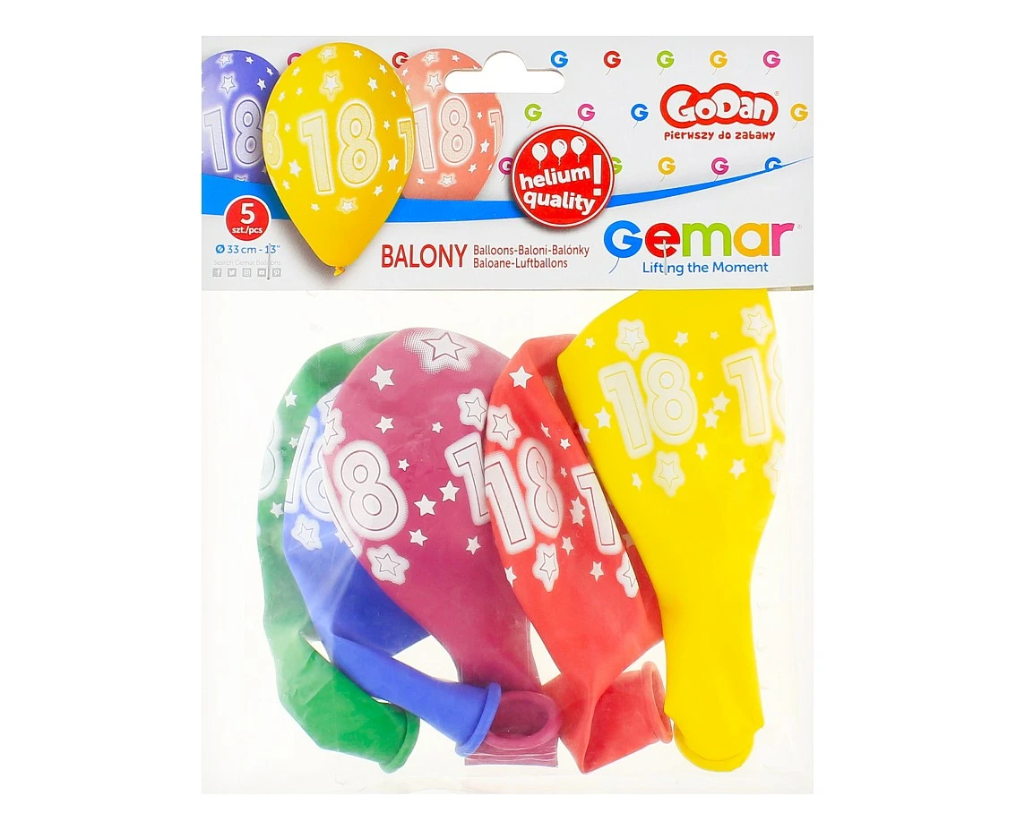 Balony Gemar 13", pastel premium hel 18. urodziny, 5szt. KK