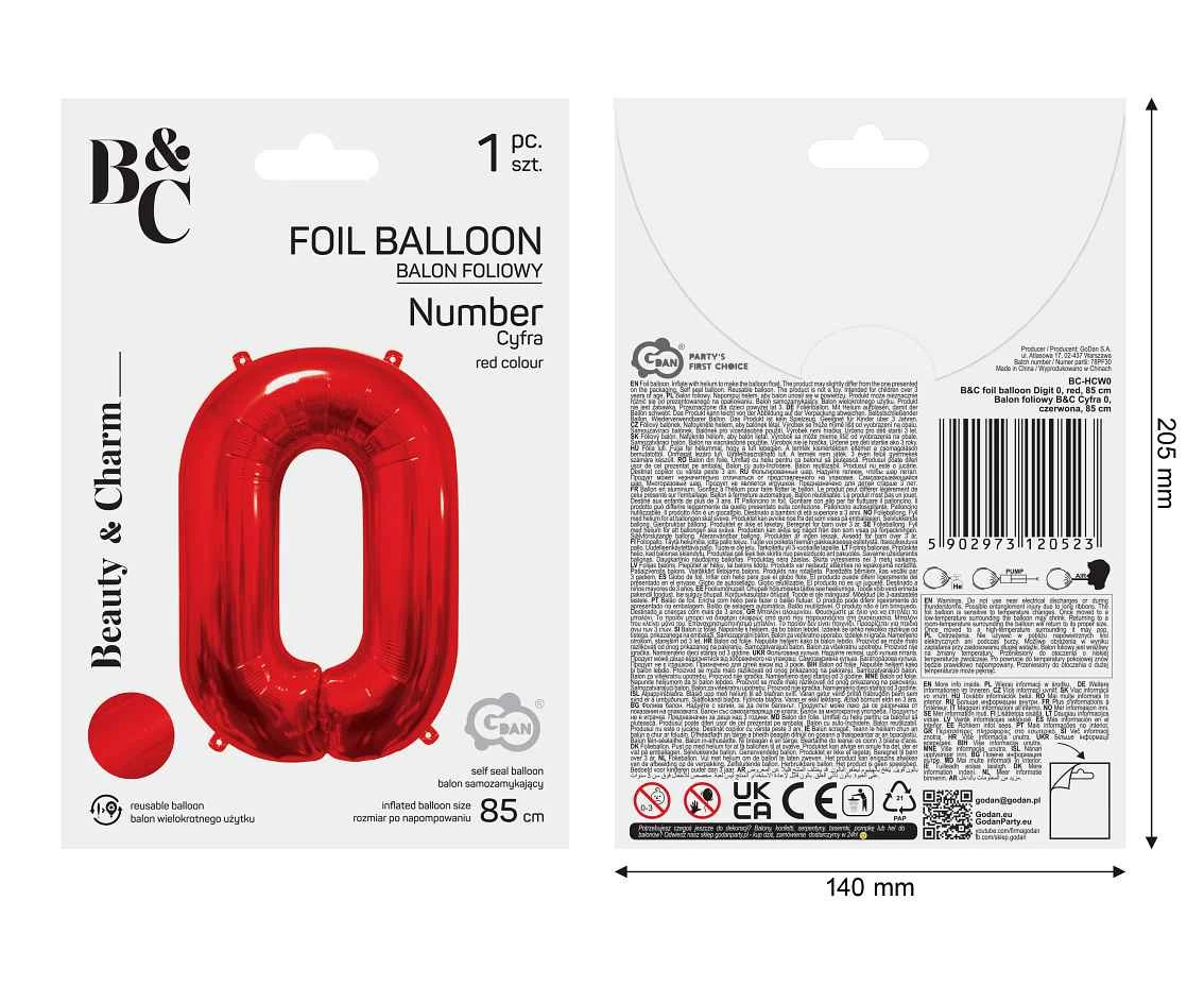Balon foliowy B&C Cyfra 0, czerwona, 85 cm