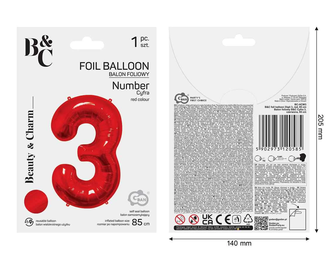 Balon foliowy B&C Cyfra 3, czerwona, 85 cm