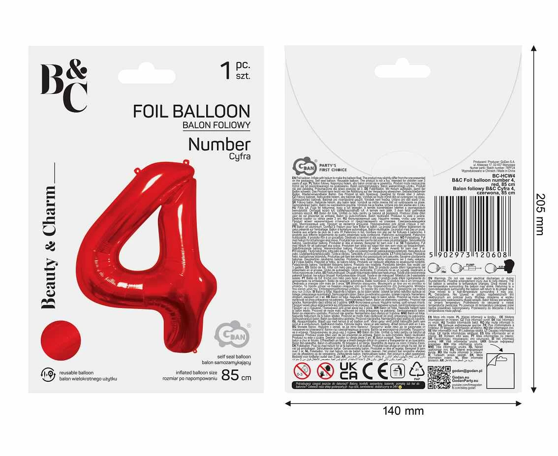 Balon foliowy B&C Cyfra 4, czerwona, 85 cm