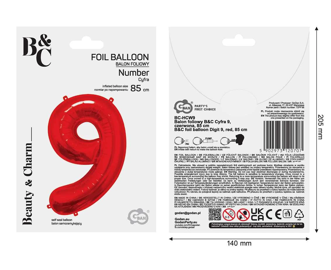 Balon foliowy B&C Cyfra 9, czerwona, 85 cm