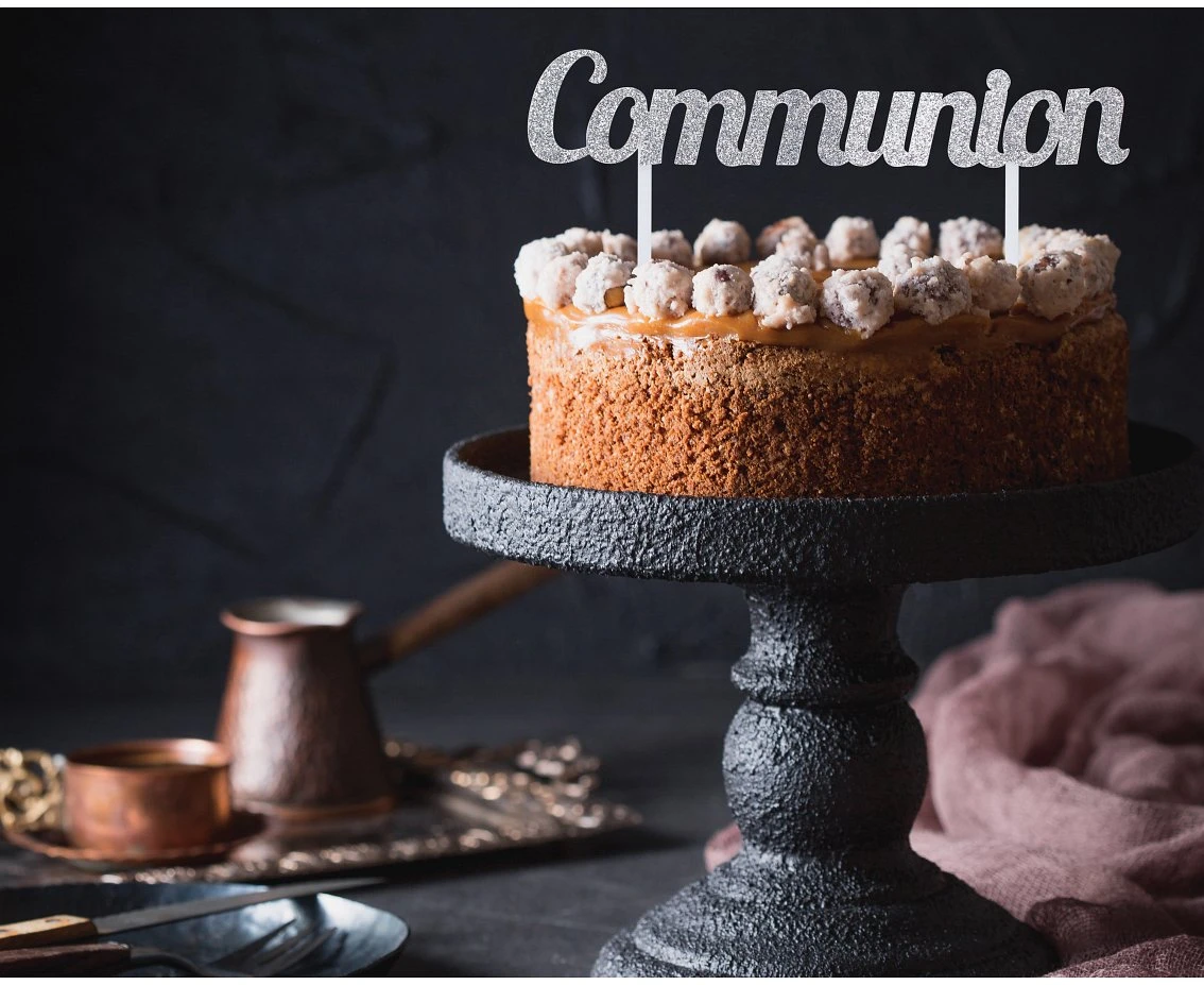 Brokatowa dekoracja na tort Communion, srebrna