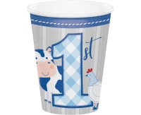 Kubeczki papierowe Farmhouse Pierwsze urodziny, niebieskie, 266 ml, 8 szt.