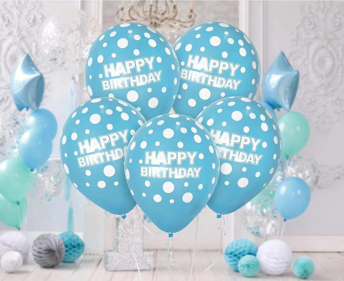 Balony Happy Birthday, niebieskie w białe grochy, 12"/ 5 szt.
