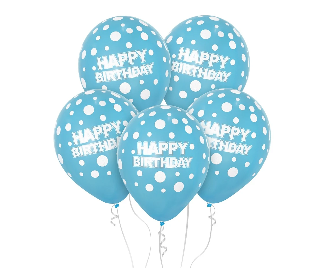 Balony Happy Birthday, niebieskie w białe grochy, 12"/ 5 szt.