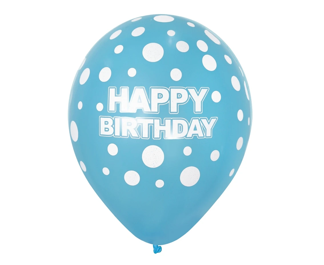 Balony Happy Birthday, niebieskie w białe grochy, 12"/ 5 szt.